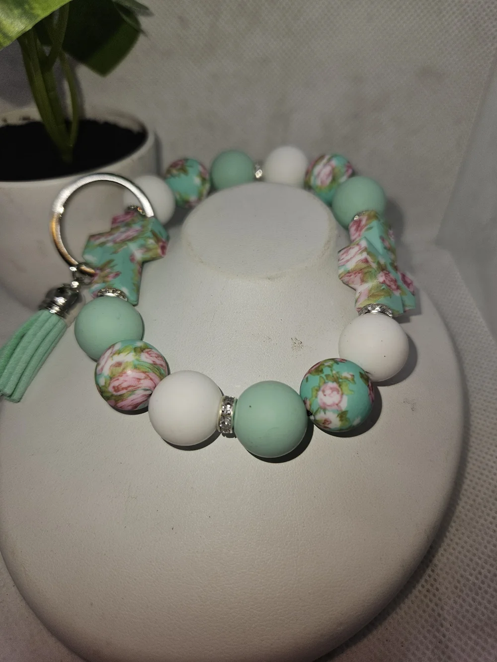 Mint & White Beaded Key Ring with Pink Tassel